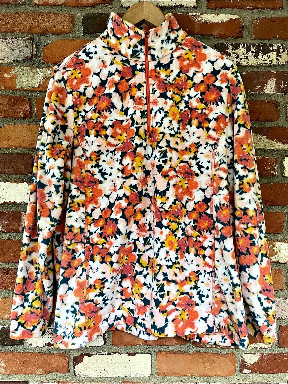 Lands' End Fall Floral Fleece sweatshirt White & Orange Large Like New cabincore